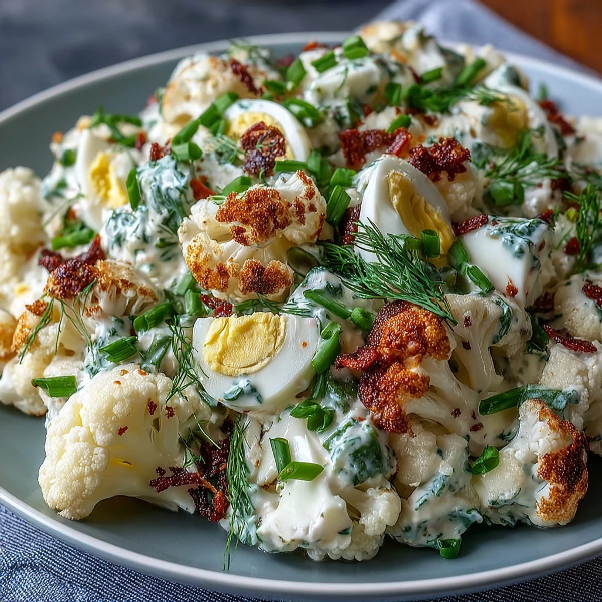 Roasted cauliflower florets, crisp dill pickles, and hard-boiled eggs tossed in tangy keto-friendly dressing with fresh herbs.  