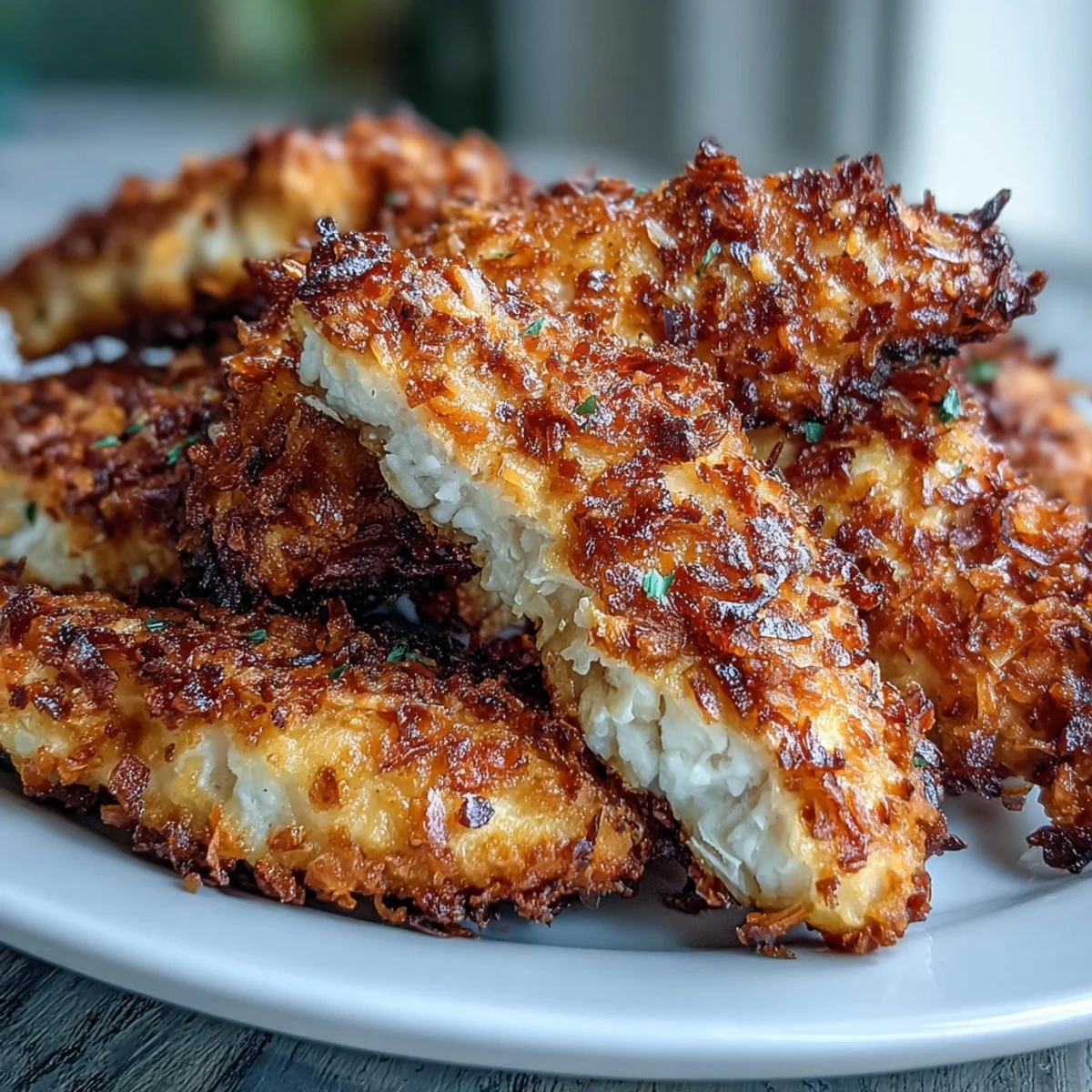 Low-carb Parmesan almond crusted chicken tenders served with creamy ranch coleslaw for a satisfying meal.  