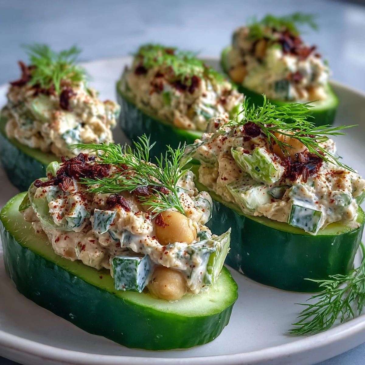 Fresh vegan chickpea tuna salad stuffed into crisp cucumber boats, perfect for a light and healthy lunch.  