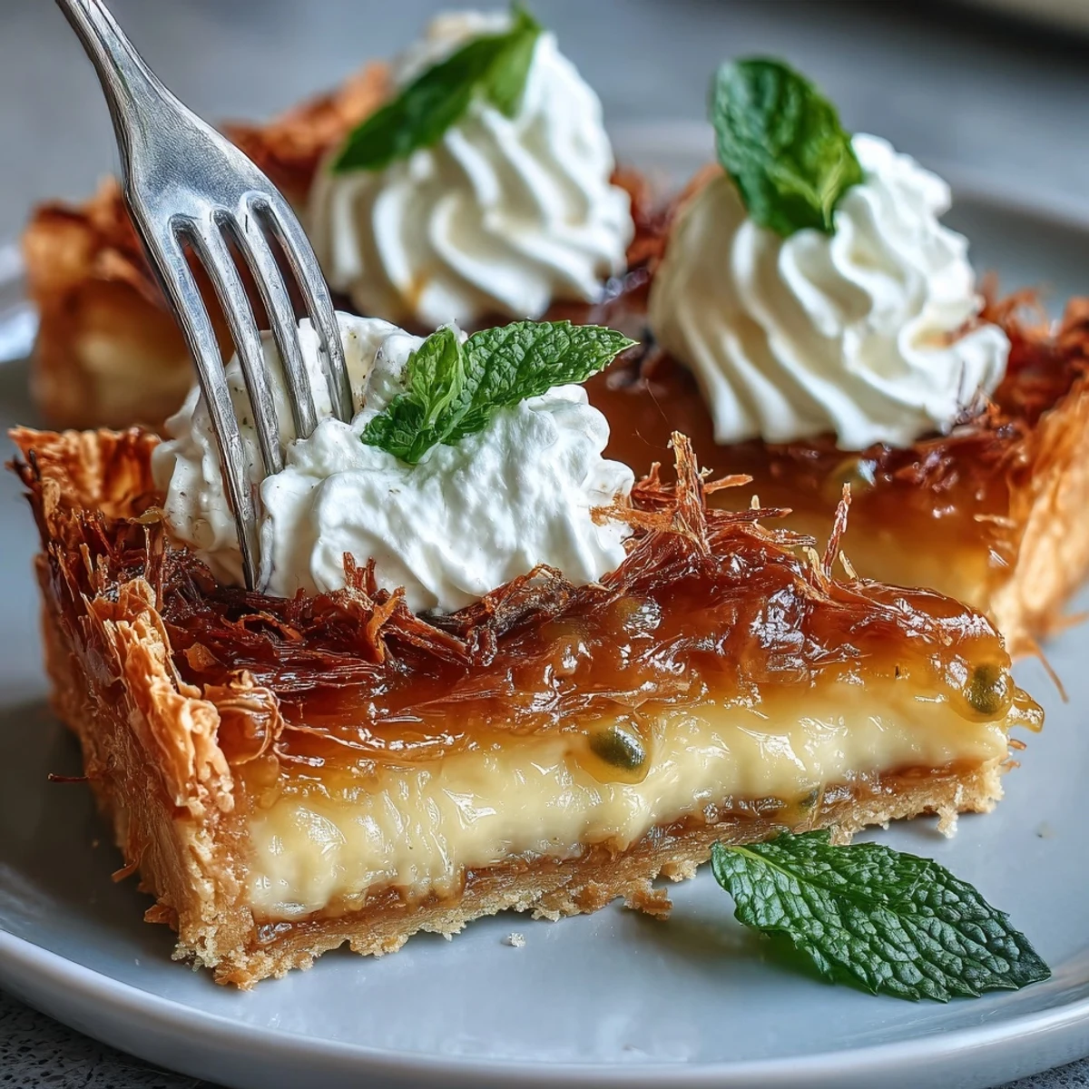 Tangy passionfruit curd in a crisp phyllo crust, topped with whipped cream and fresh mint for a refreshing dessert.