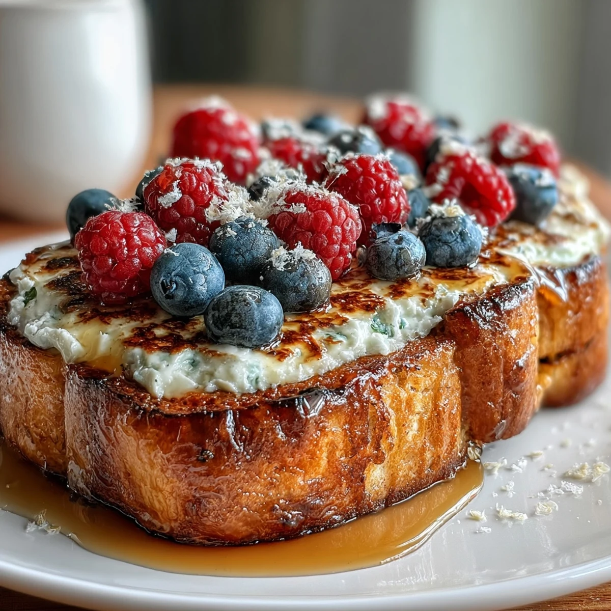 Whipped ricotta spread on toasted sourdough, drizzled with salted honey, and topped with fresh berries for a sweet-salty breakfast treat.