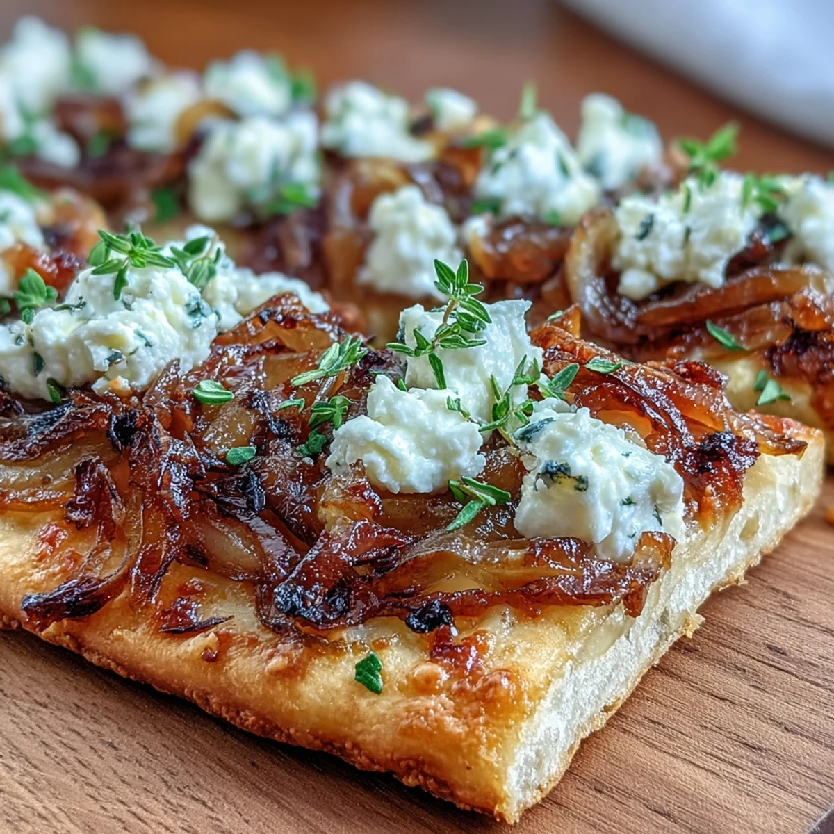 A crisp golden flatbread topped with sweet caramelized onions, creamy goat cheese, and fresh thyme for a savory Mediterranean-inspired appetizer.  