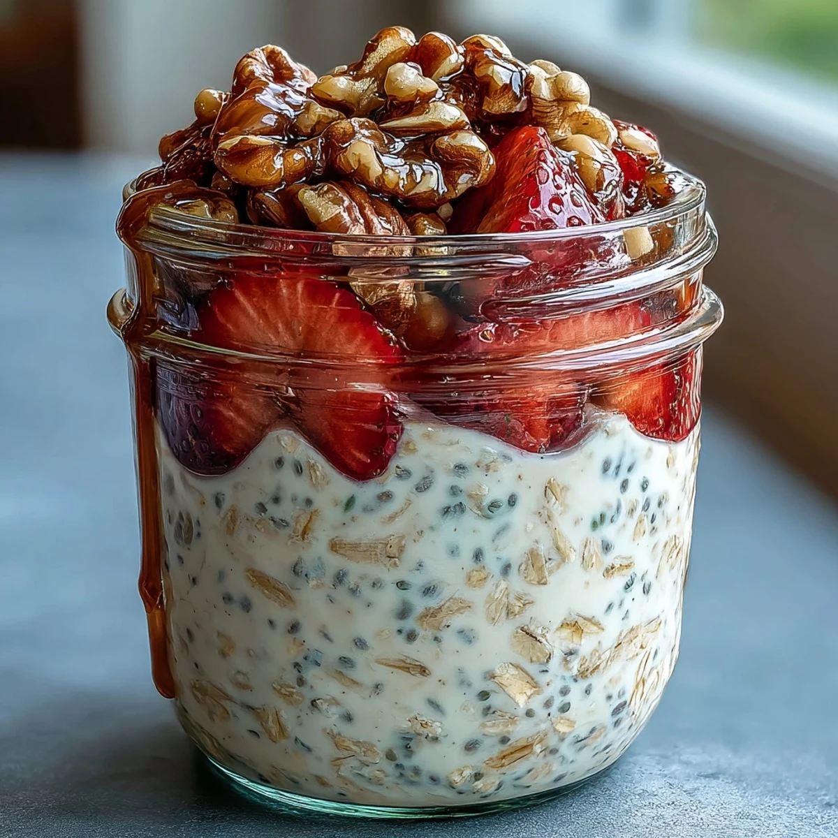 Creamy overnight oats topped with fresh strawberries and crunchy homemade candied walnuts for a wholesome, energizing breakfast.  