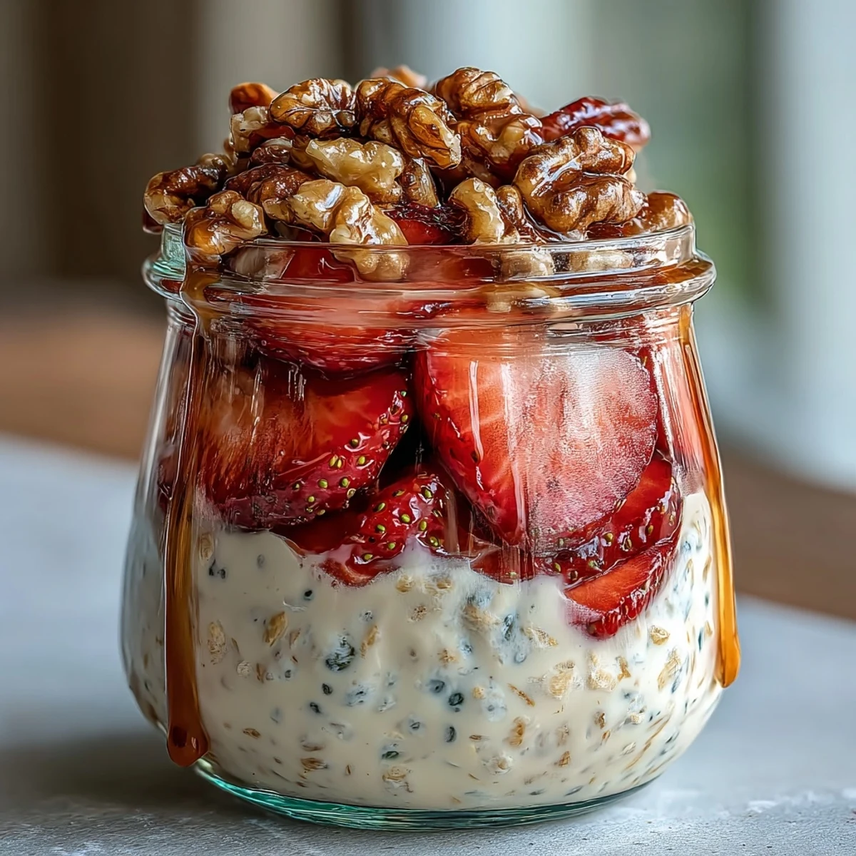 Vibrant layers of vanilla-infused oats, juicy strawberries, and golden candied walnuts create a satisfying, make-ahead morning treat.  