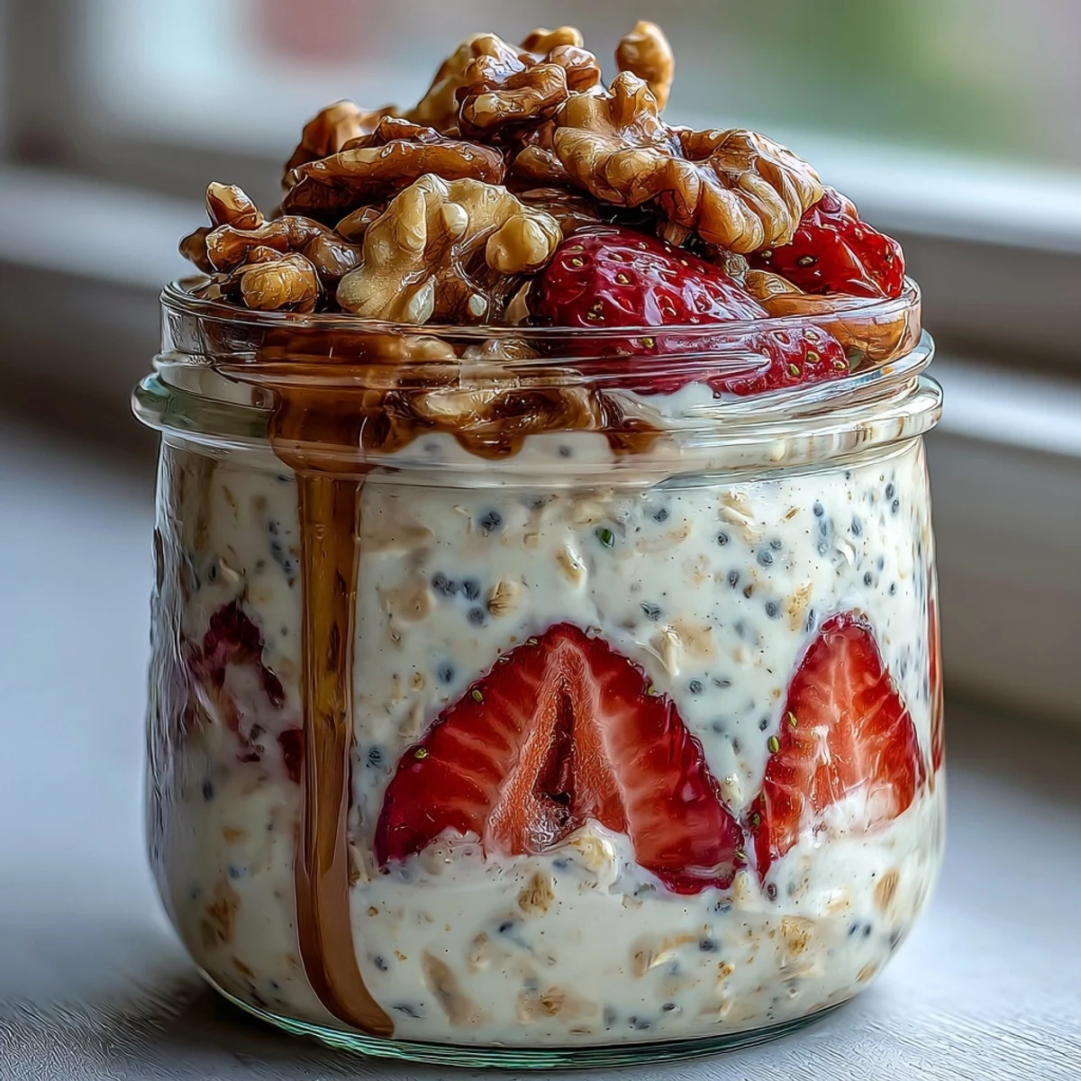Wholesome overnight oats with fresh strawberries and sweet, crunchy candied walnuts—perfect for a naturally sweetened, grab-and-go breakfast.