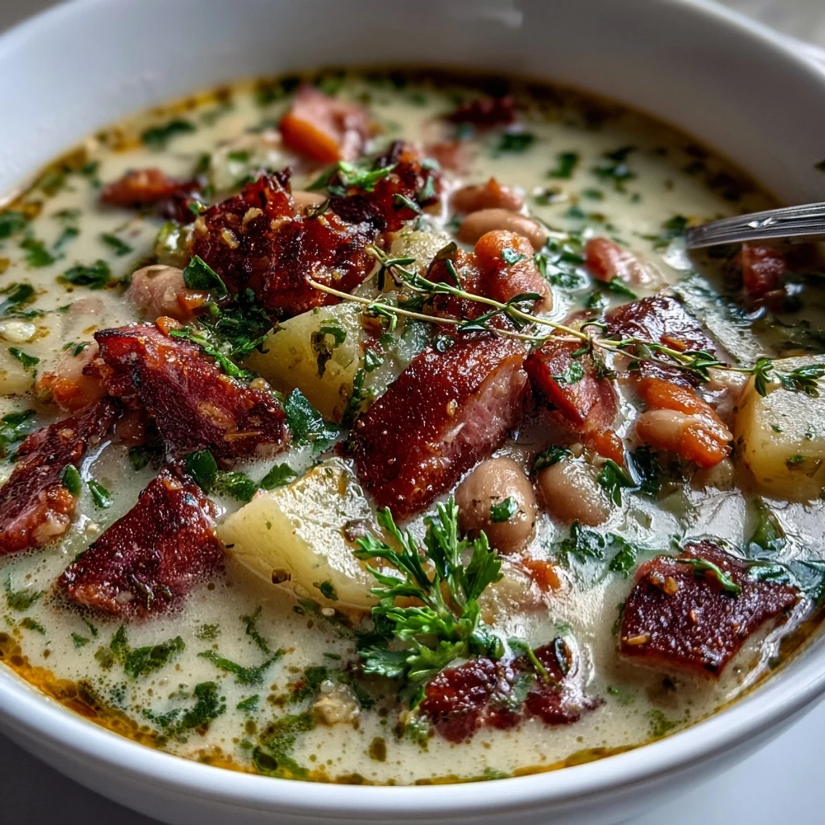 Warming winter soup with creamy white beans, savory ham, and aromatic thyme, perfect for a comforting dinner.