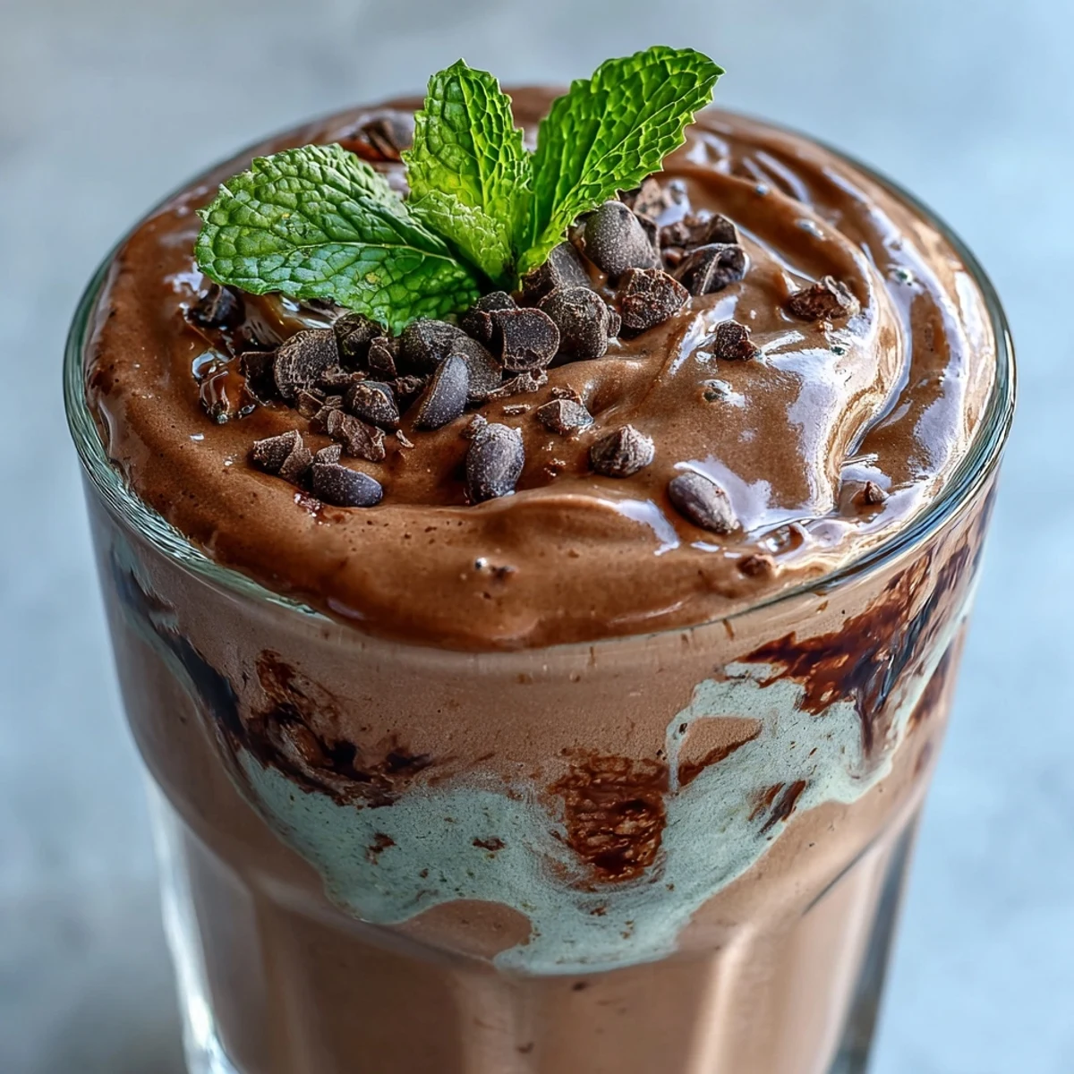 Rich chocolate and cool mint protein shake topped with dark chocolate chips and fresh mint leaves.  