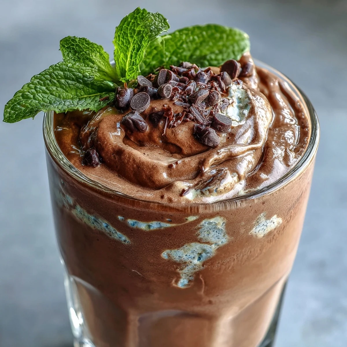 Smooth, thick chocolate mint shake with frozen banana, perfect for a healthy breakfast or snack.