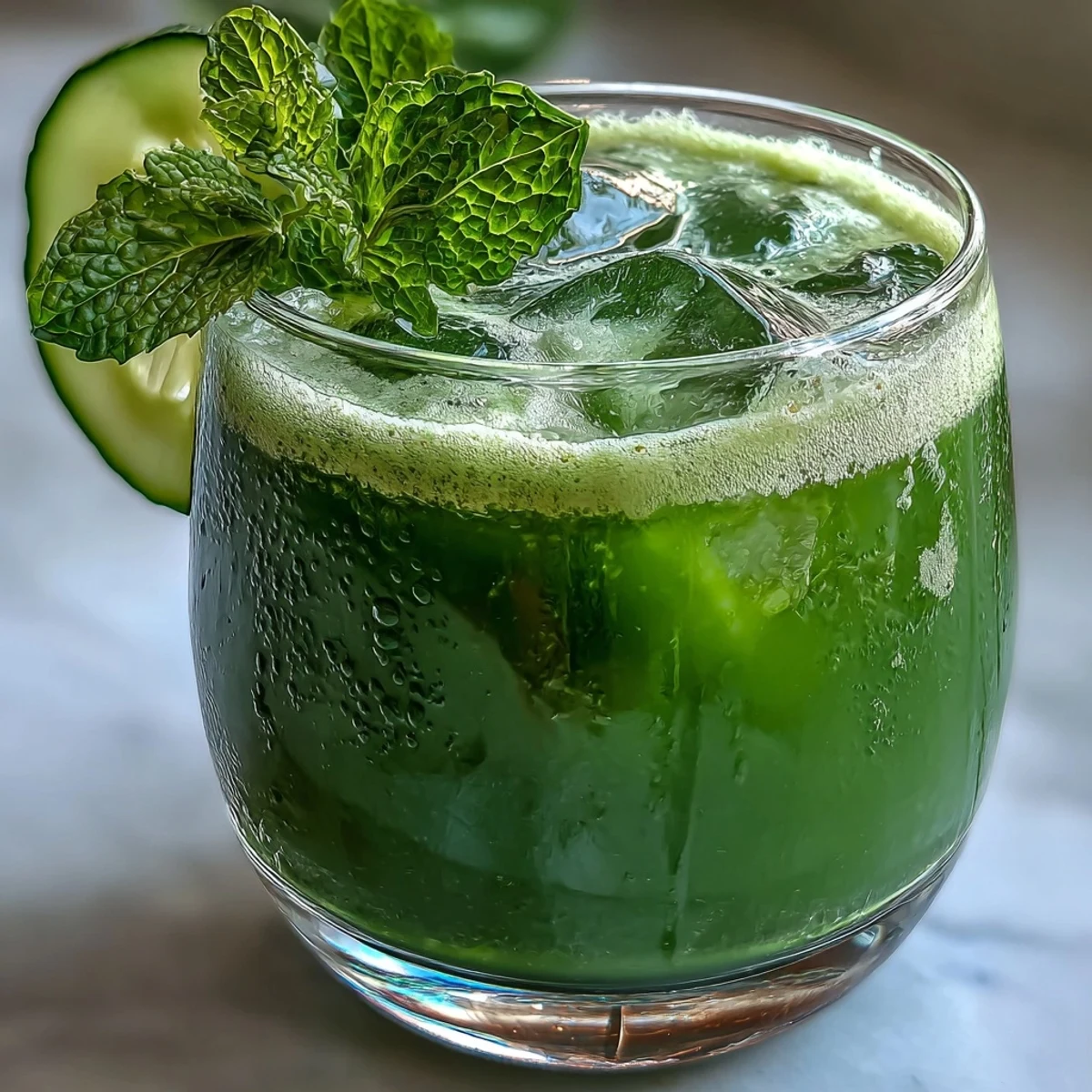 Refreshing cucumber, apple, and ginger juice served over ice for a crisp, invigorating drink.  