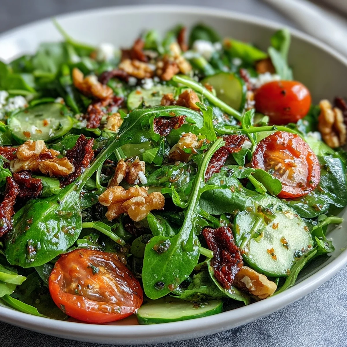 Fresh spring greens salad with honey mustard dressing, topped with crunchy vegetables and toasted walnuts.