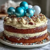 Elegant two-tier vanilla graduation cake topped with colorful balloon toppers for festive celebration.