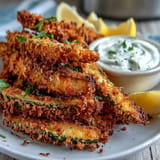 Golden air fryer pickle fries ready to be dipped in zesty, homemade spicy mayo.