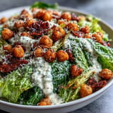 Roasted chickpea croutons top this vibrant vegan Caesar salad, ready to enjoy.