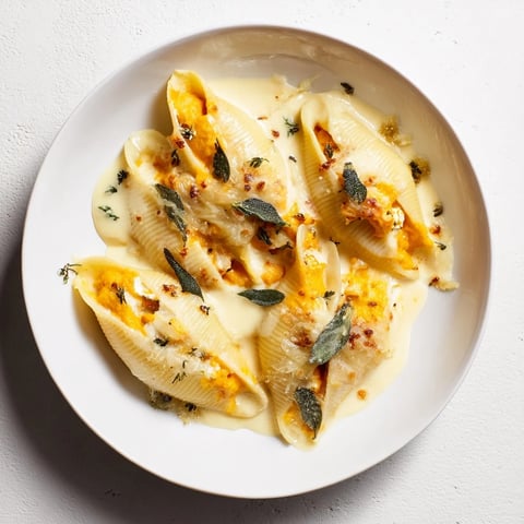 Golden-brown Pumpkin & Gouda Stuffed Shells, bubbling with cheese, ready for a delicious autumn dinner.
