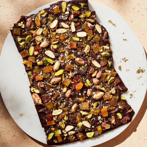 Vibrant Dubai Chocolate Bark with chopped nuts, dried fruit, and a sprinkle of sea salt.