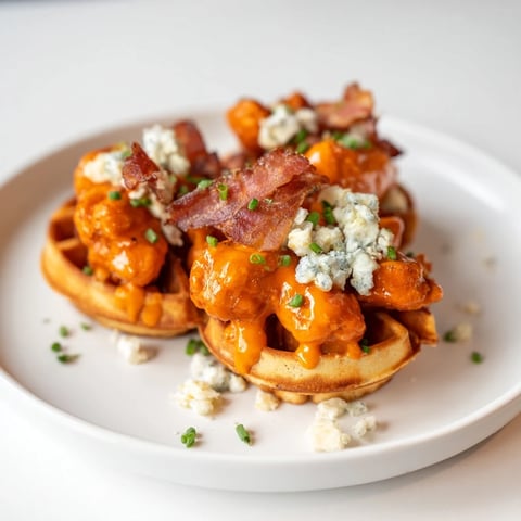 Crispy golden-brown Buffalo Chicken and Bacon Waffle Bites, perfect for game day snacking.