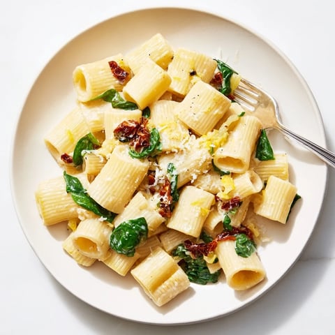 Creamy Sun-Dried Tomato Spinach Cottage Cheese Pasta: a vibrant bowl of pasta, showcasing its creamy texture.