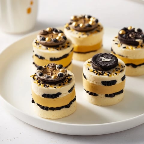 Countdown Clock Mini Desserts, frosted with creamy buttercream and edible pearls, ready for a New Year's Eve.