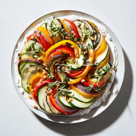 The Snail Shell Spiral features beautifully arranged roasted vegetables in a vibrant, artistic spiral.