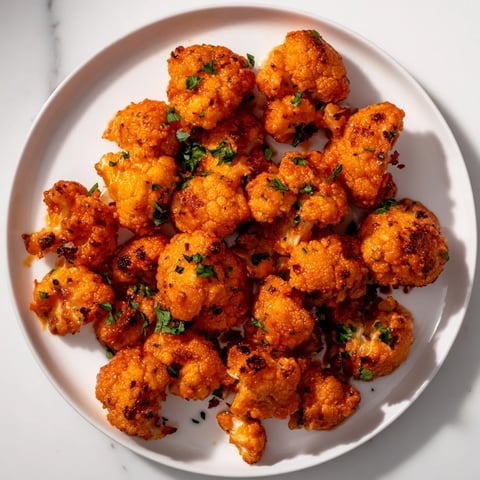 Golden, crispy Sriracha-Buffalo Cauliflower Bites, coated in a glistening, spicy red sauce, ready to eat!