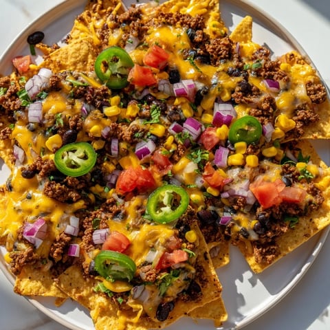 Golden-brown Easy Sheet-Pan Nachos with melted cheese, savory beef, and fresh, colorful toppings, perfect to share.