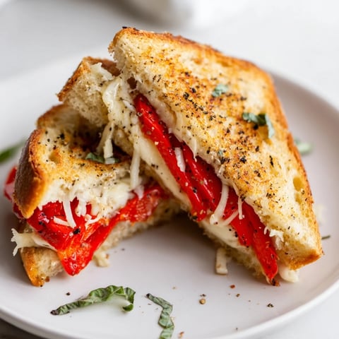 Golden, grilled Roasted Red Pepper Grilled Cheese with melted cheese oozing from toasted sourdough bread.