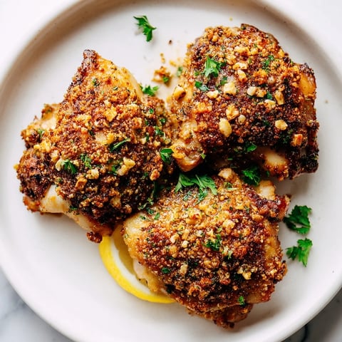 Golden-brown Crispy Garlic Chicken Thighs with parsley, a flavorful and easy family dinner.