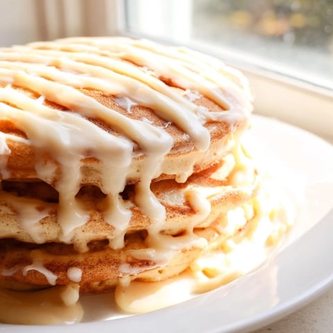 Golden-brown cinnamon roll pancakes, swirled with cinnamon, topped with creamy cream cheese glaze.