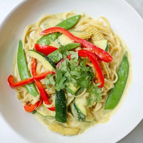 Steaming Thai Curry Pasta with colorful vegetables, perfect for a flavorful vegetarian dinner.