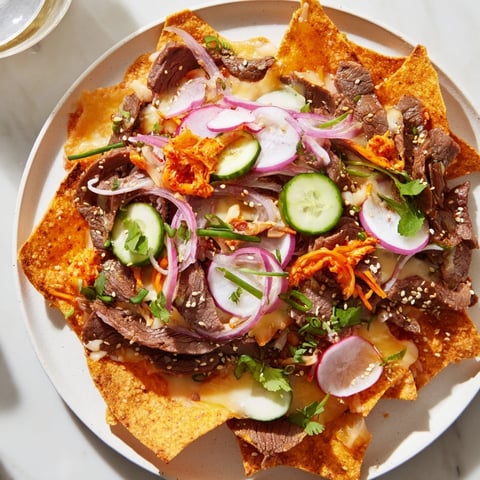 Golden, cheesy Korean BBQ Nachos, topped with vibrant vegetables; a flavorful appetizer.
