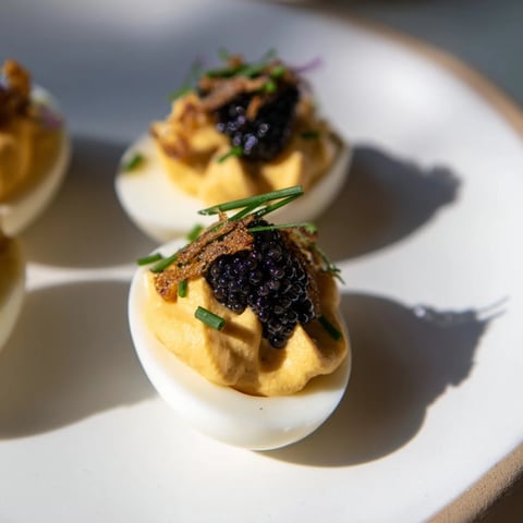 Elegant deviled eggs topped with glistening caviar and crunchy shallots, a gourmet appetizer.