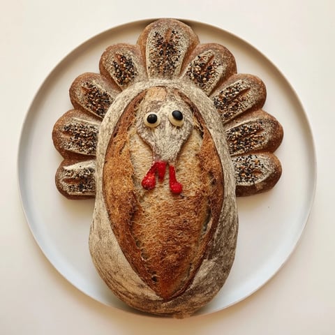 A festive turkey-shaped sourdough loaf with a golden crust and feather scoring, ready for a holiday table centerpiece.