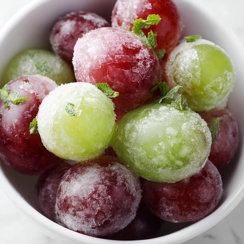 Glossy red and green frozen grapes glisten with frost on a parchment-lined baking sheet, offering a cool, crunchy spa-inspired snack.