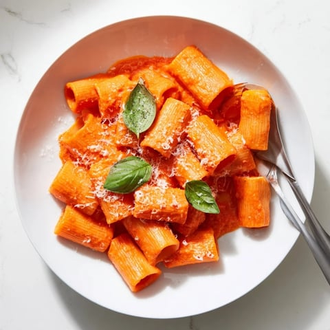 A close-up of smooth Hidden Veggie Tomato Pasta Sauce in a pot, showing its rich red color and a basil garnish.  