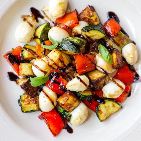 Vibrant roasted veggies like zucchini and bell peppers mingle with creamy mozzarella pearls in this Roasted Veggie Caprese Salad, drizzled with sweet balsamic glaze.