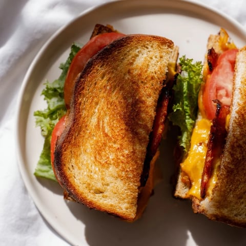 Crispy smoky tempeh bacon melts with vegan cheese and fresh lettuce in this golden Vegan Bacon BLT Grilled Cheese.