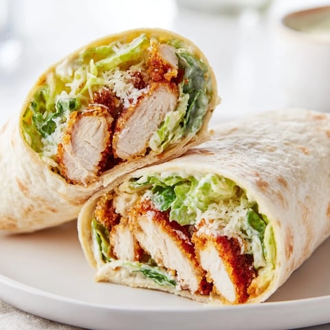 Golden crispy chicken strips layered over fresh romaine lettuce and Parmesan in a soft flour tortilla for the Crispy Chicken Caesar Wrap.  
