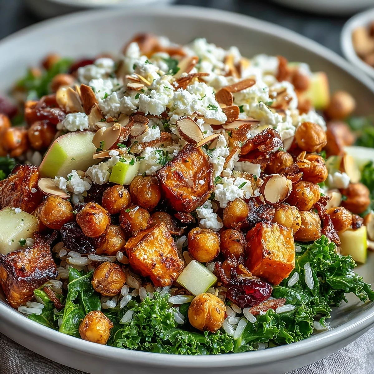 Colorful Fall Harvest Bowl with roasted sweet potatoes, kale, wild rice, Brussels sprouts, and crisp apples, topped with almonds and feta.
