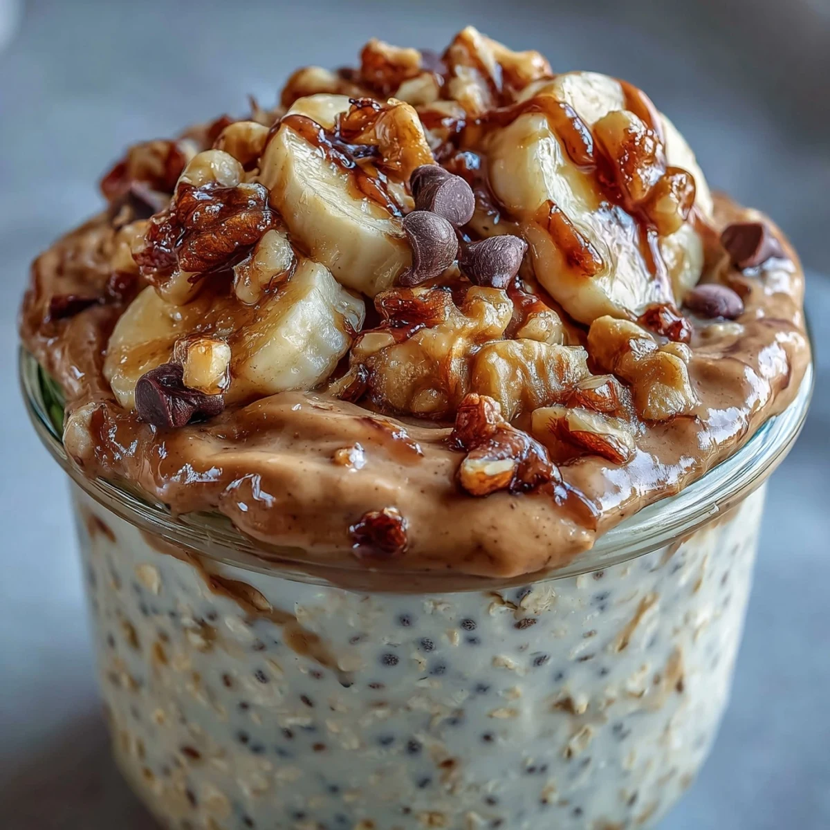 Close-up of Chunky Monkey Protein Overnight Oats topped with sliced bananas, peanut butter drizzle, and chopped walnuts.