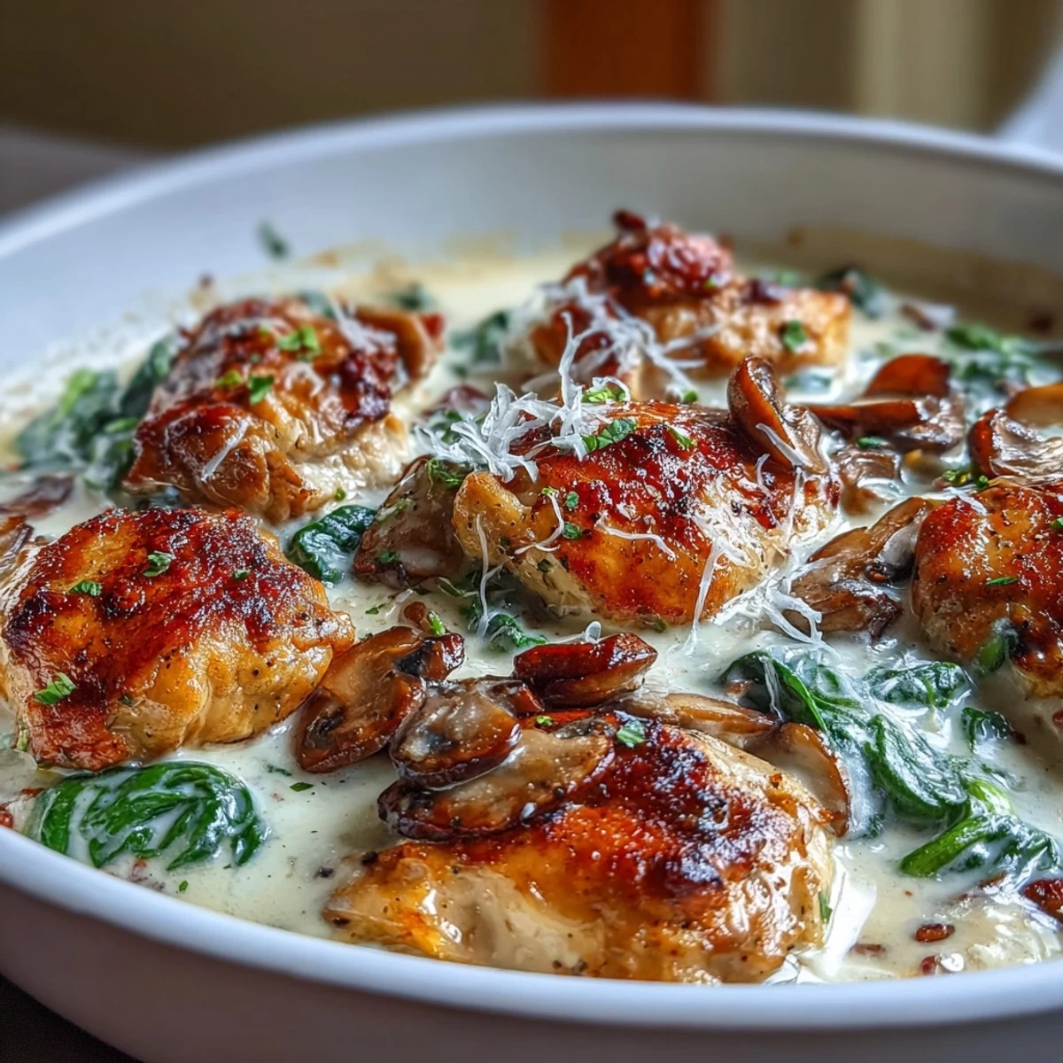 Keto Creamy Spinach Mushroom Chicken Skillet with tender chicken, fresh spinach, and savory mushrooms in a rich, velvety sauce.  