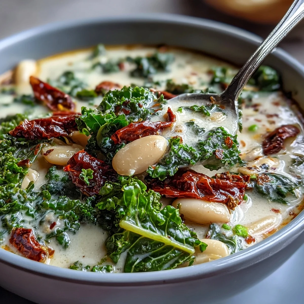 Creamy Tuscan White Bean & Kale Soup with tender beans and kale in a rich garlic cashew cream.