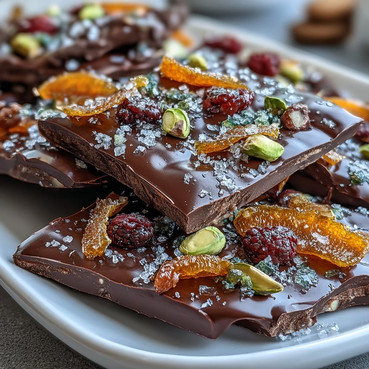 Decadent dark chocolate bark studded with vibrant candied orange peel and crunchy pistachios for a festive treat.