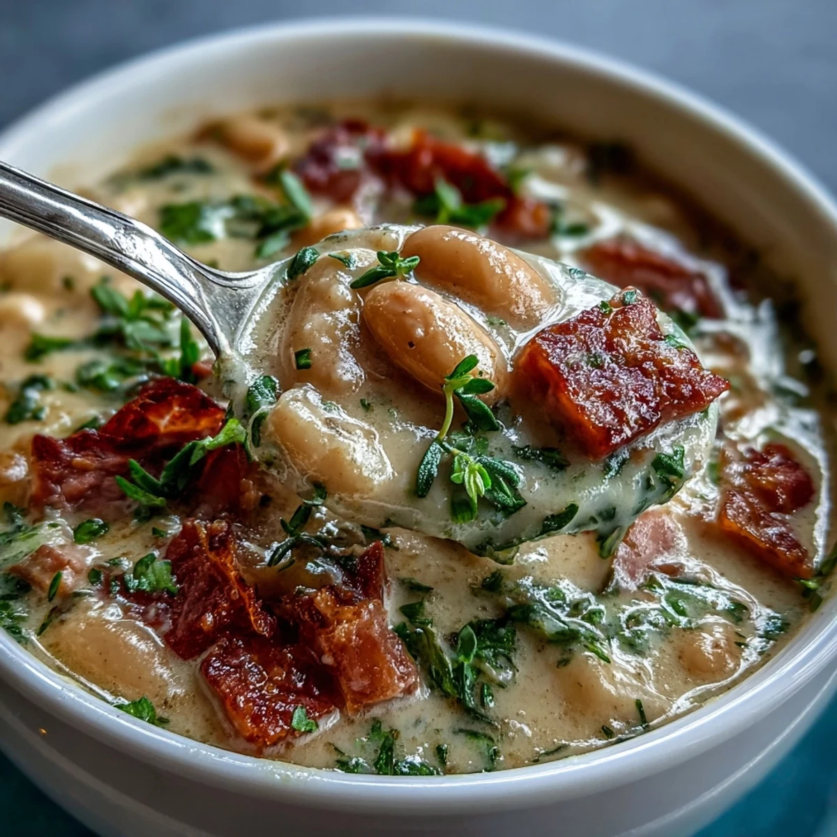 Creamy ham and white bean soup with herbs, loaded with tender vegetables and smoky ham in a rich broth.  