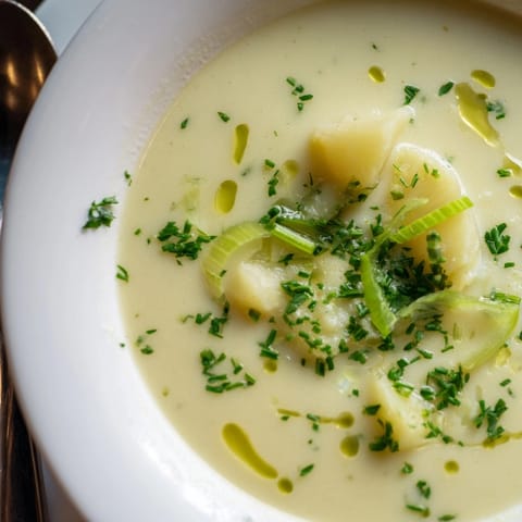 Homemade Potato Leek Soup steams, ready to serve with golden crusty bread on top.