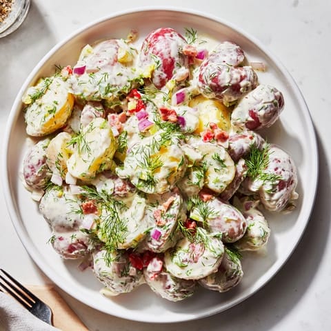 Tangy ranch potato salad garnished with herbs, perfect for summer picnics.  