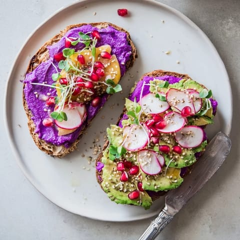 Vibrant breakfast toasts with ube halaya, creamy avocado, and crunchy radish garnishes.  