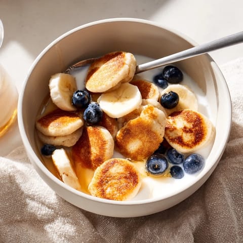 Golden-brown, fluffy mini pancake cereal served in a bowl with milk.  