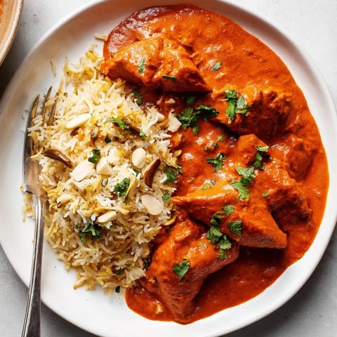 Rich, creamy Butter Chicken & Rice Pilaf served with fragrant basmati rice.  