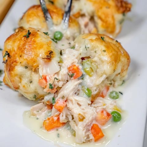 A creamy, savory Chicken and Dumplings Casserole features tender chicken and fluffy dumplings baked to perfection.