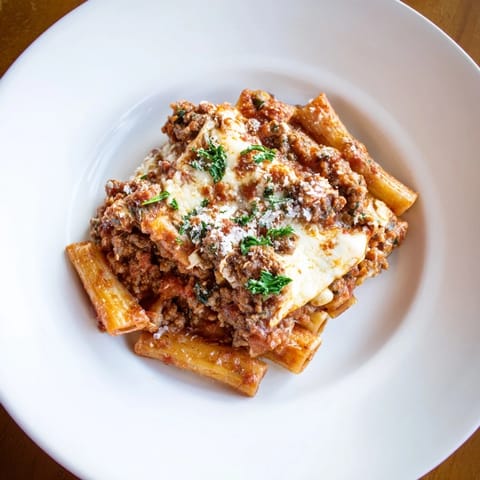 A hearty, savory casserole of Baked Ziti, showcasing layers of pasta, cheese, and flavorful meat sauce.